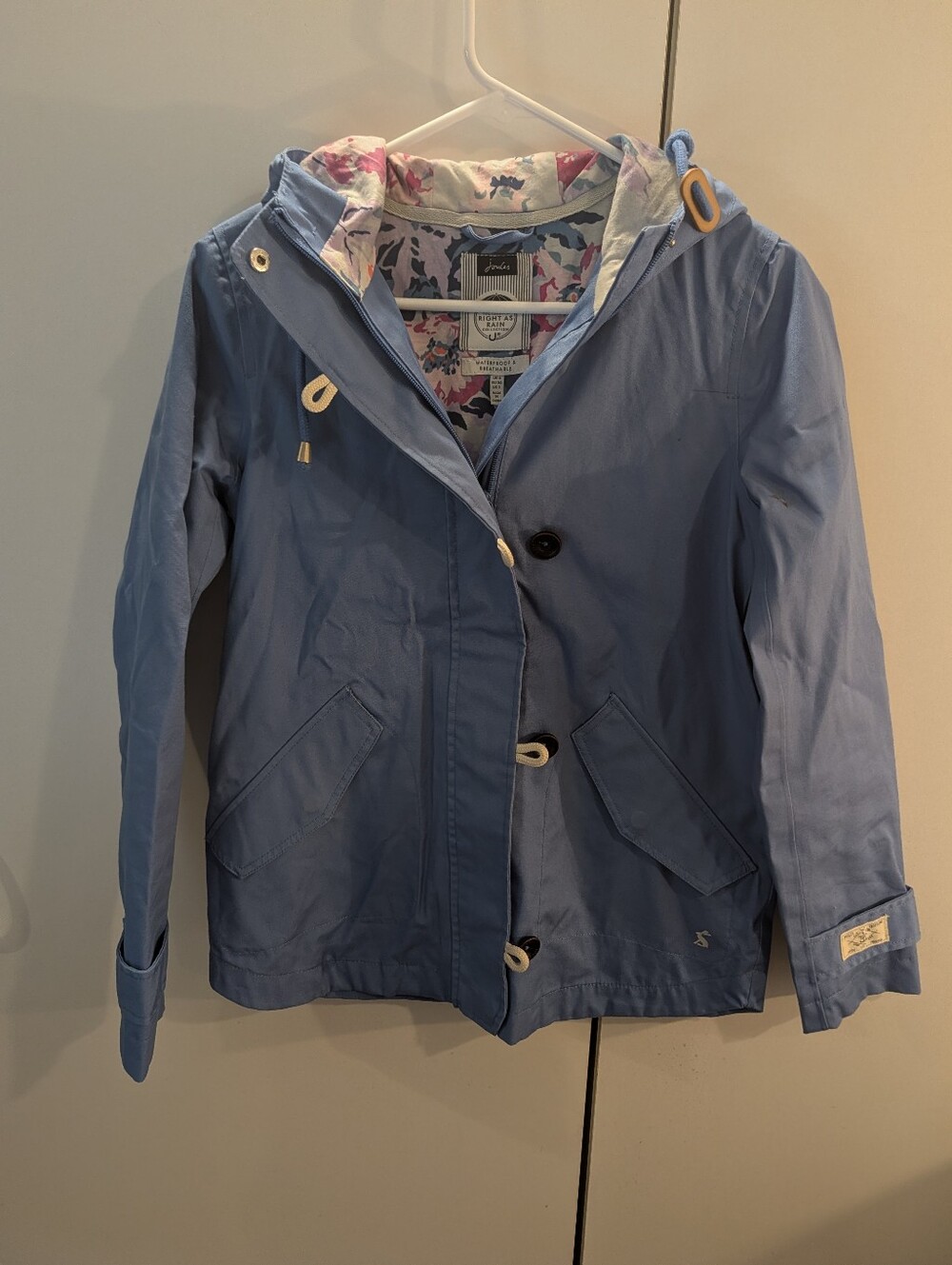 Joules Light Blue Women's Hooded Rain Jacket with Floral Lining Size 2